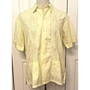 Double Red Horse Linen Shirt Men's XL Yellow Embroidered Cabana Pockets Bowling